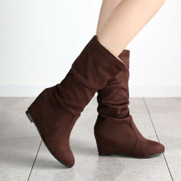 Athena Alexander Tan Slouch Faux Suede Hidden Wedge Fashion Boots 11 - Picture 10 of 10